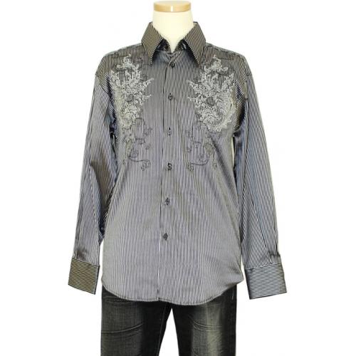 Pronti  Silver / Black Metalic Striped Embroidered Long Sleev Shirt S5851